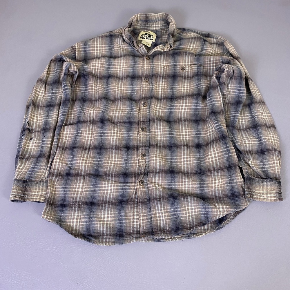 Old Mill Thrashed Flannel Shirt Mens Large Blue Plaid Tan Distress‎ Button *Wear